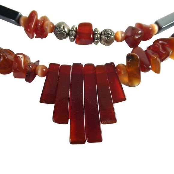 Artisan Handmade Carnelian Genuine Stone Beaded Silver Tone Necklace Boho Red - Picture 2 of 7